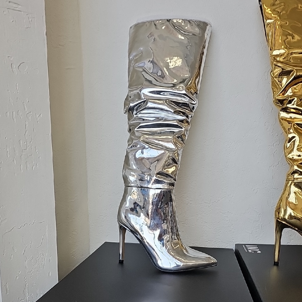 INC International Concepts Silver Heeled Boots with Ruched Design - Picture 1 of 4